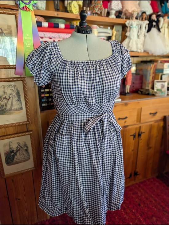 Handmade Dresses & Skirts - Handmade 1940's/1950's Navy Gingham Peasant Dress with Tie Belt Puff Sleeves